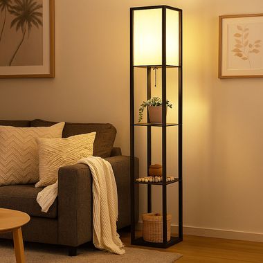 Stehleuchte, Holzregal, Textil, Schalter, H 159 cm