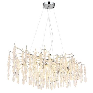 Pendant light, metal, silver-colored, glass crystals, L 100 cm