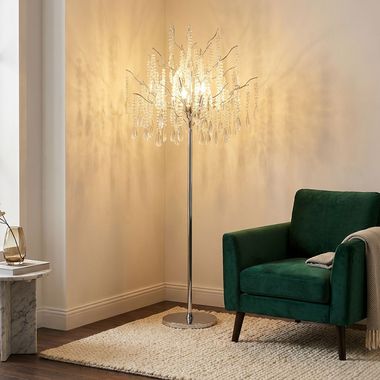 Floor lamp, metal, matt silver, 5-flame, crystal, E14, Ø 55 cm