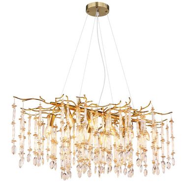 Kroonluchter, goudkleurig, glazen kristallen, helder, amber, H 120 cm