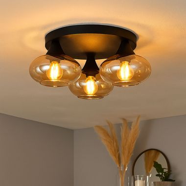 Deckenleuchte, Metall schwarz, Glas amberfarben, D 39 cm