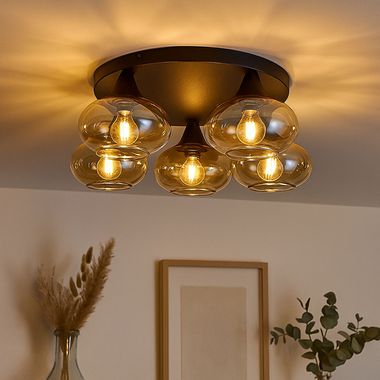 Plafoniera a 5 luci, vetro ambrato, nero, P 49 cm