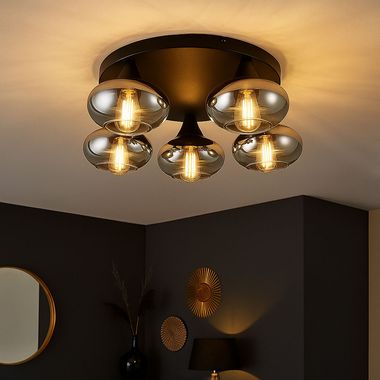 Plafondlamp, 5-lichts, glas, zwart, D 49 cm