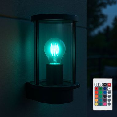 RGB LED wandlamp, lantaarn, zwart roestvrij staal, rookglas, H 25,2 cm