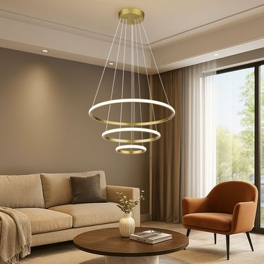 LED Hängeleuchte, gold, Ring Design, höhenverstellbar, H 100 cm
