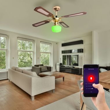 Wentylator sufitowy Smart LED, włącznik sznurkowy, szkło, MDF, 105 cm
