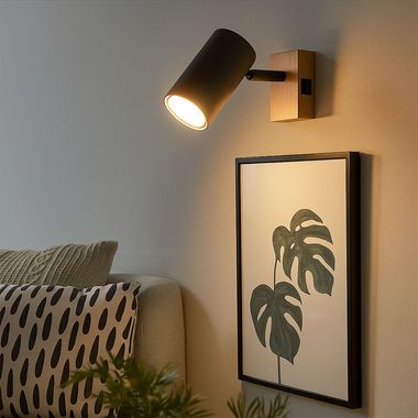 Wandleuchte, Holzoptik, graphit schwarz, beweglicher Spot, H 10 cm