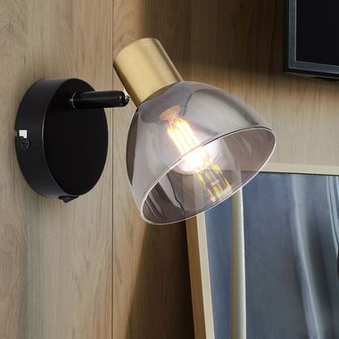 Lampa ścienna, metal, szkło, czarny, ruchomy reflektor, wys. 11,5 cm