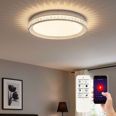 Plafonnier Smart LED, cristal, télécommande, CCT, D 39 cm