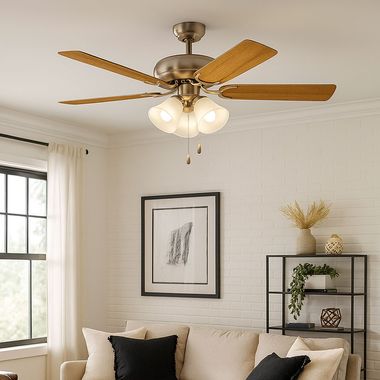 Ventilateur de plafond, argent/chêne, rotation à gauche/droite, D 132 cm