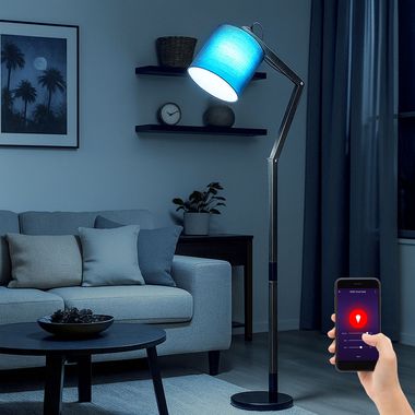 Lampada da terra Smart RGB LED, legno, tessuto, grigio, nero, mobile, H 172 cm