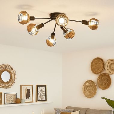 LED ceiling light, black, brown, dimmable, grass weave, D 67 cm