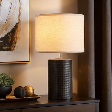 Lampe de table, céramique noire, textile sable, H 43 cm