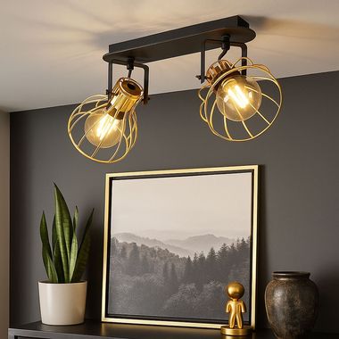 Plafondlamp, metalen gaas, hout, verstelbaar, H 26 cm