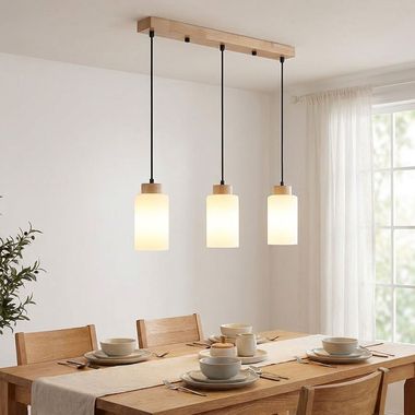 Hanglamp, hout, bruin, glas, opaal mat, 3-lichts, E27, L 60 cm