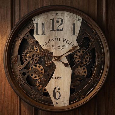 Wanduhr, Glas, braun, bewegliche Zahnräder, Ziffernblatt, D 76 cm