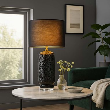 LED table lamp, black ceramic, textile, H 71 cm