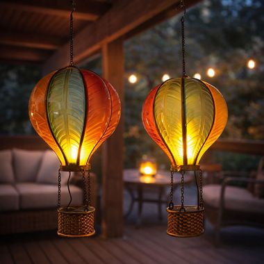 2x LED Solar, Hängelampe, Flammeneffekt, Heißluftballon, H 55 cm