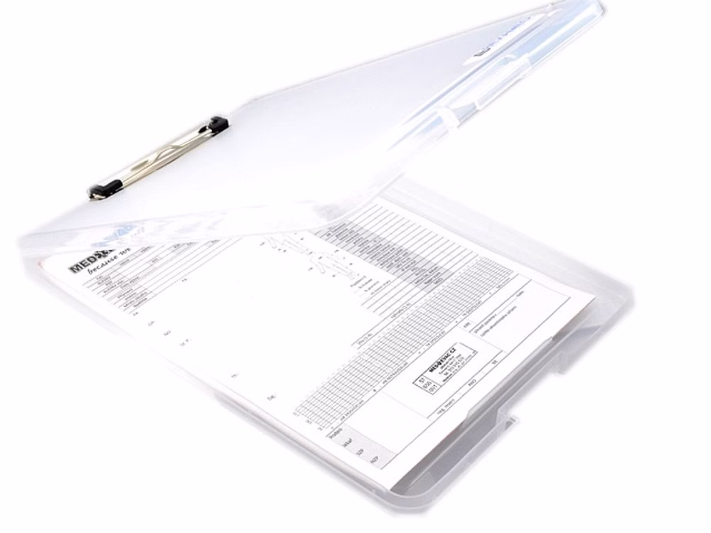 HERZmed Klemmbrett A4 mit integrierter Aufbewahrungsbox