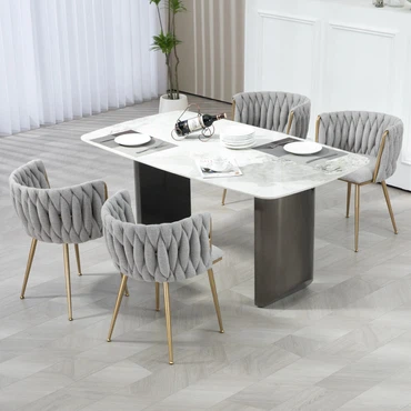 Modernes, stilvolles und luxuriöses hellgraues Esszimmerstuhl-Set aus Leinen mit elegantem, handgewebtem Design und weichen Kissen für Esszimmer, Wohnzimmer und Schlafzimmer (2 Stück/Set).