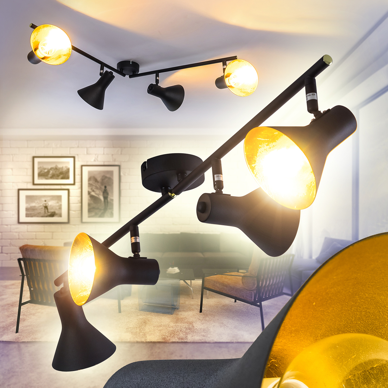Design Deckenstrahler Dielen Flur Küchen Schwarz//Gold Lampen Schlaf Wohn Zimmer