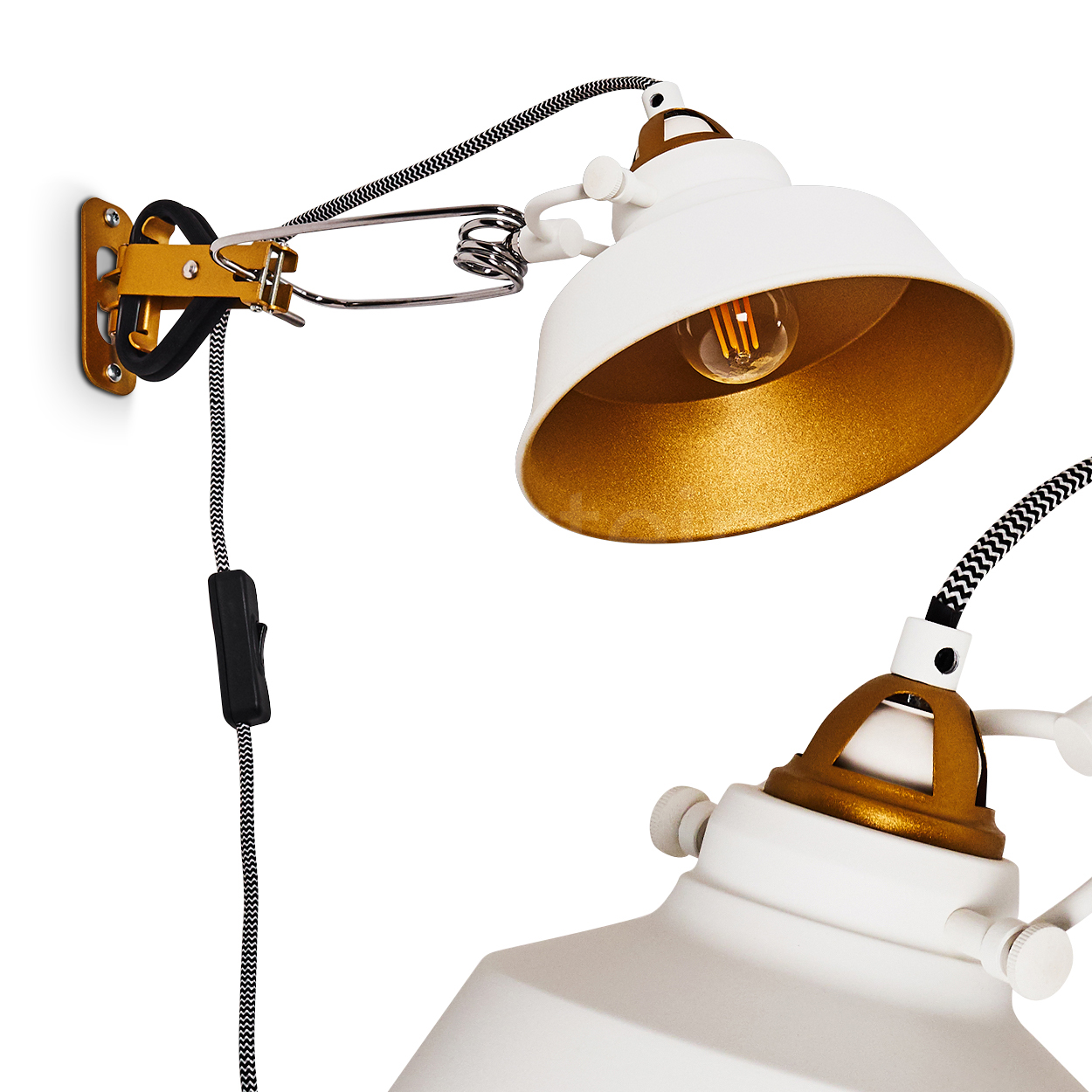 Wand Lampe Schalter Wohn Schlaf Zimmer Leuchte weiß/gold Flur Strahler