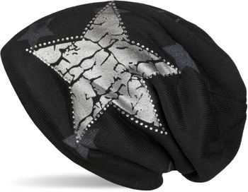 styleBREAKER Beanie Mütze mit All Over Stern Muster, Vintage Stern Print, Strass Rand und sehr weichem Innenfutter, Unisex 04024097