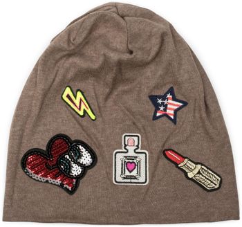 styleBREAKER Beanie Mütze mit coolen Patches, Lipstick, USA Stern, Blitz, Pailletten Herz, Slouch Longbeanie, Unisex 04024101