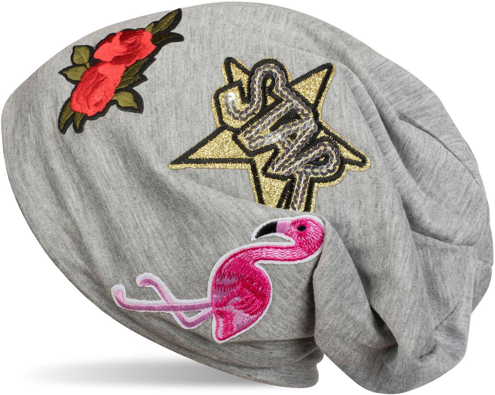 StyleBREAKER Beanie Mütze Mit Patches - Flamingo Rosen Design