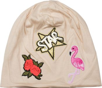 styleBREAKER Beanie Mütze mit Patches, Flamingo, Rosen, Star Stern Pailletten Patch, Slouch Longbeanie, Unisex 04024114