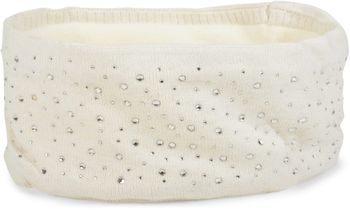 styleBREAKER Stirnband Damen Winter mit Strasssteinen und Fleece Innenfutter | warmes elastisches Feinstrick Haarband gefüttert | Glitzer Headband für kalte Tage