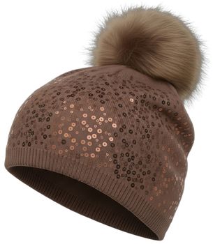 styleBREAKER Feinstrick Bommelmütze mit Pailletten und abnehmbarem Kunstfell Bommel, Fellbommel Mütze, Damen 04024134