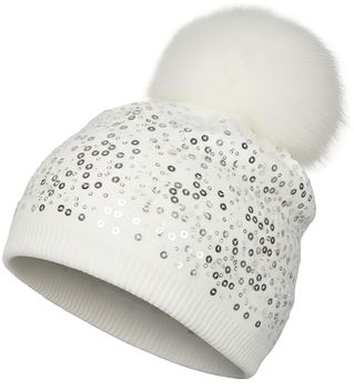 styleBREAKER Feinstrick Bommelmütze mit Pailletten und abnehmbarem Kunstfell Bommel, Fellbommel Mütze, Damen 04024134