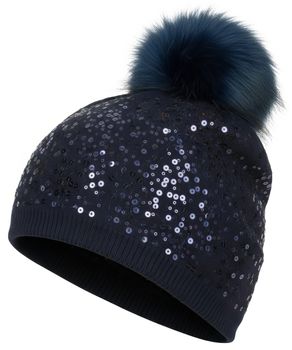 styleBREAKER Feinstrick Bommelmütze mit Pailletten und abnehmbarem Kunstfell Bommel, Fellbommel Mütze, Damen 04024134