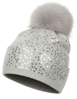 styleBREAKER Feinstrick Bommelmütze mit Pailletten und abnehmbarem Kunstfell Bommel, Fellbommel Mütze, Damen 04024134