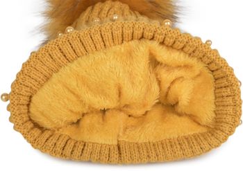 styleBREAKER Damen Strick Bommelmütze mit Perlen und Fleece Futter, warme Winter Fellbommel Mütze, Fake Fur 04024155