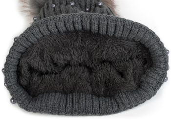 styleBREAKER Damen Strick Bommelmütze mit Perlen und Fleece Futter, warme Winter Fellbommel Mütze, Fake Fur 04024155