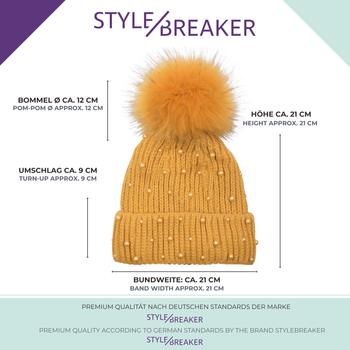 styleBREAKER Damen Strick Bommelmütze mit Perlen und Fleece Futter, warme Winter Fellbommel Mütze, Fake Fur 04024155