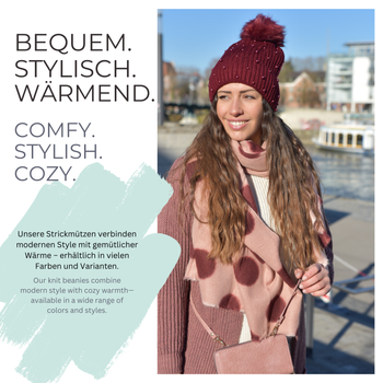 styleBREAKER Damen Strick Bommelmütze mit Perlen und Fleece Futter, warme Winter Fellbommel Mütze, Fake Fur 04024155