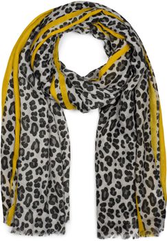 styleBREAKER Damen Schal mit Leo Muster, farbigem Streifen und Fransen, Tuch 01017082