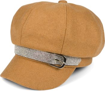 styleBREAKER Damen Bakerboy Schirmmütze mit Strass Band und Schnalle, Ballonmütze, Filz Optik, Newsboy Cap 04023073