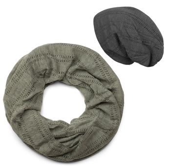 [Paket] styleBREAKER Unisex Feinstrick Loop Schal und Beanie Mütze Set Einfarbig mit Lochstrick Muster, 2-Teilig 01018229