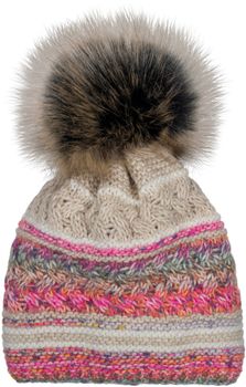 styleBREAKER Damen Strick Bommelmütze mit buntem Mustermix und Fleece Futter, Winter Fellbommel Mütze, Strickmütze 04024202