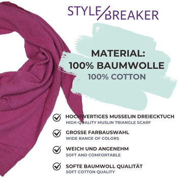 styleBREAKER Damen Musselin Dreieckstuch aus 100% Baumwolle | Weiches und leichtes Halstuch für Damen Unifarben | Stylisches Tuch für jede Jahreszeit - Made in Italy, 196 x 84 cm