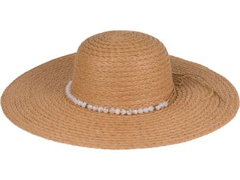 styleBREAKER Damen Strohhut Papierstroh mit Hutband aus Perlen, breite ausgefranste Krempe, Sonnenhut, Schlapphut 04025043