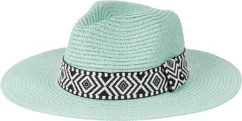 styleBREAKER Damen Panama Sonnenhut Einfarbig mit Stoff Hutband mit Azteken Muster, Strohhut, Schlapphut, Sommerhut, Fedora Hut 04025046