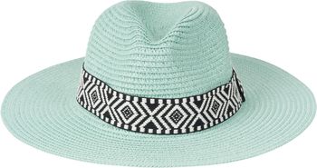 styleBREAKER Damen Panama Sonnenhut Einfarbig mit Stoff Hutband mit Azteken Muster, Strohhut, Schlapphut, Sommerhut, Fedora Hut 04025046