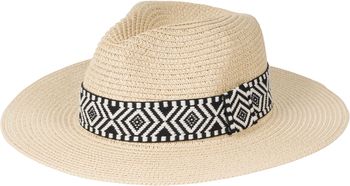styleBREAKER Damen Panama Sonnenhut Einfarbig mit Stoff Hutband mit Azteken Muster, Strohhut, Schlapphut, Sommerhut, Fedora Hut 04025046