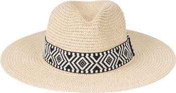 styleBREAKER Damen Panama Sonnenhut Einfarbig mit Stoff Hutband mit Azteken Muster, Strohhut, Schlapphut, Sommerhut, Fedora Hut 04025046