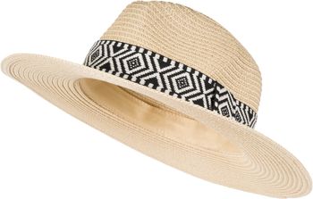 styleBREAKER Damen Panama Sonnenhut Einfarbig mit Stoff Hutband mit Azteken Muster, Strohhut, Schlapphut, Sommerhut, Fedora Hut 04025046
